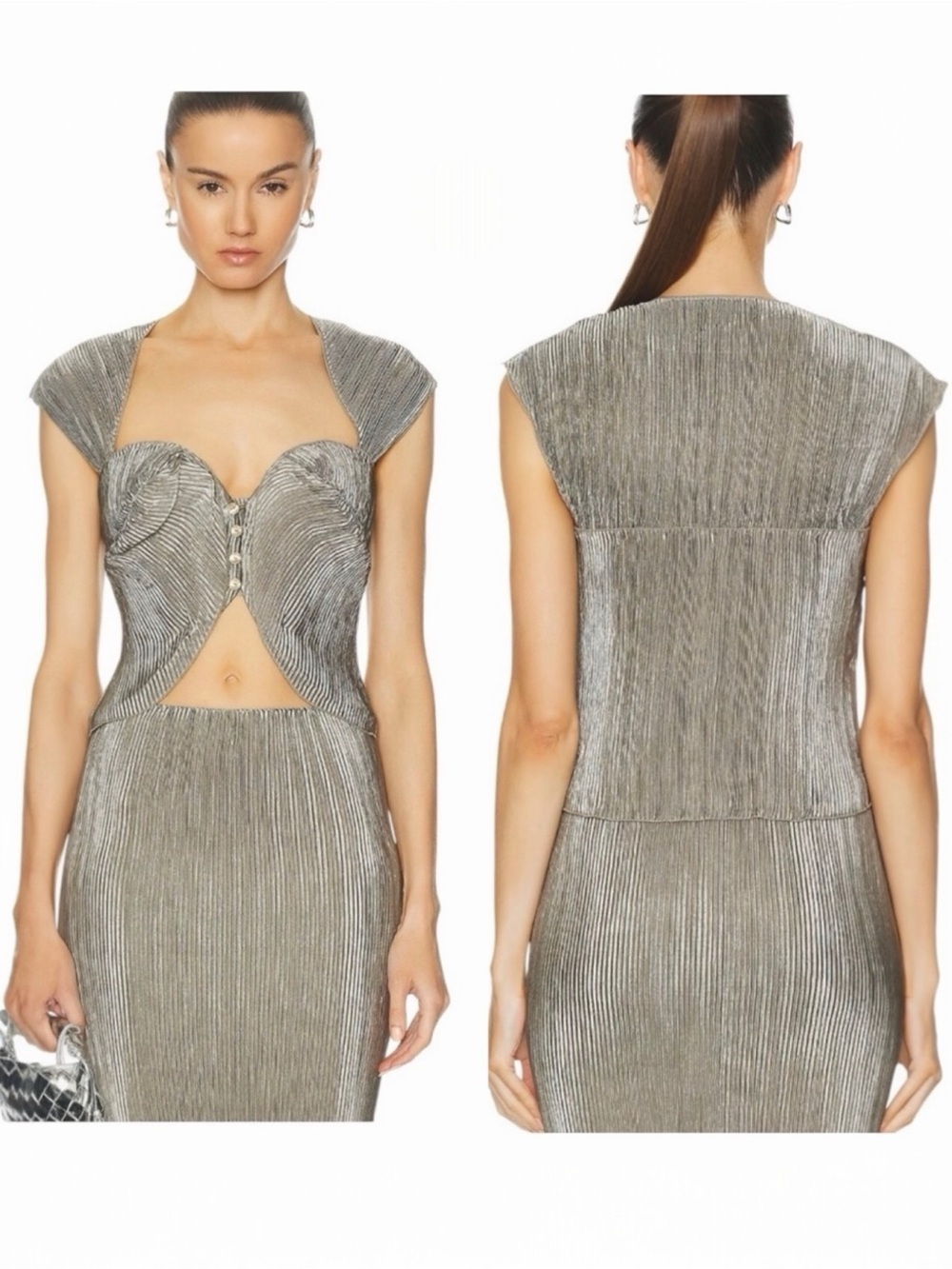 Cult Gaia Milli Satin Structured Pleated Sweetheart Neckline Scalloped Crop Top